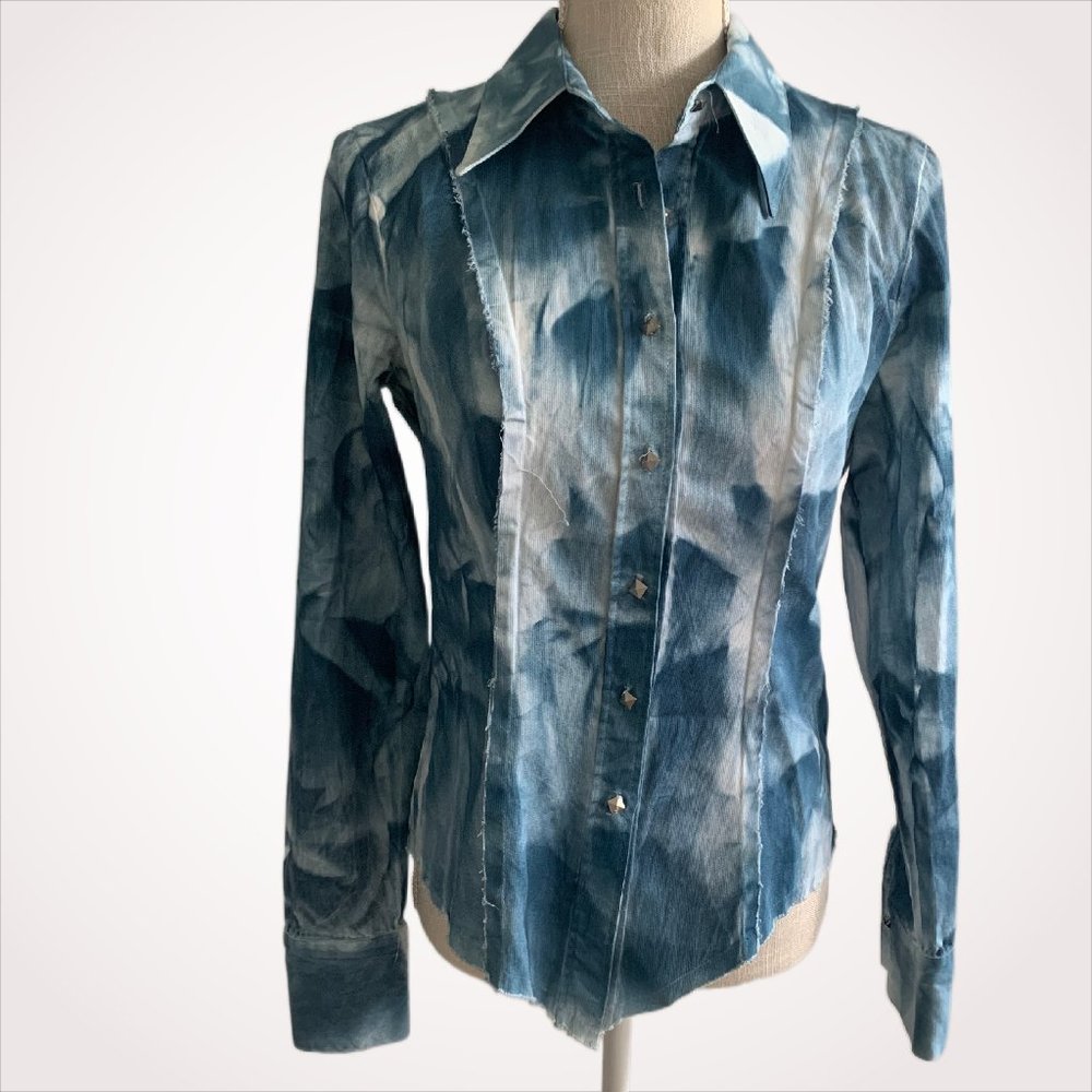 Women's Love Blue & White Long Sleeve Button Down Top by Love Junkie